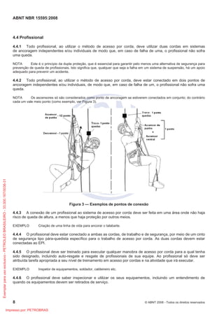 ABNT NBR 15595:2008
8 © ABNT 2008 - Todos os direitos reservados
4.4 Profissional
4.4.1 Todo profissional, ao utilizar o método de acesso por corda, deve utilizar duas cordas em sistemas
de ancoragem independentes e/ou individuais de modo que, em caso de falha de uma, o profissional não sofra
uma queda.
NOTA Este é o princípio da dupla proteção, que é essencial para garantir pelo menos uma alternativa de segurança para
prevenção de queda de profissionais. Isto significa que, qualquer que seja a falha em um sistema de suspensão, há um apoio
adequado para prevenir um acidente.
4.4.2 Todo profissional, ao utilizar o método de acesso por corda, deve estar conectado em dois pontos de
ancoragem independentes e/ou individuais, de modo que, em caso de falha de um, o profissional não sofra uma
queda.
NOTA Os ascensores só são considerados como ponto de ancoragem se estiverem conectados em conjunto; do contrário
cada um vale meio ponto (como exemplo, ver Figura 3).
Figura 3 — Exemplos de pontos de conexão
4.4.3 A conexão de um profissional ao sistema de acesso por corda deve ser feita em uma área onde não haja
risco de queda de altura, a menos que haja proteção por outros meios.
EXEMPLO Criação de uma linha de vida para ancorar o talabarte.
4.4.4 O profissional deve estar conectado a ambas as cordas, de trabalho e de segurança, por meio de um cinto
de segurança tipo pára-quedista específico para o trabalho de acesso por corda. As duas cordas devem estar
conectadas ao EPI.
4.4.5 O profissional deve ser treinado para executar qualquer manobra de acesso por corda para a qual tenha
sido designado, incluindo auto-resgate e resgate de profissionais de sua equipe. Ao profissional só deve ser
atribuída tarefa apropriada a seu nível de treinamento em acesso por cordas e na atividade que irá executar.
EXEMPLO Inspetor de equipamentos, soldador, caldeireiro etc.
4.4.6 O profissional deve saber inspecionar e utilizar os seus equipamentos, incluindo um entendimento de
quando os equipamentos devem ser retirados de serviço.
Exemplarparausoexclusivo-PETROLEOBRASILEIRO-33.000.167/0036-31
Impresso por: PETROBRAS
 