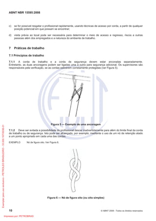 ABNT NBR 15595:2008
10 © ABNT 2008 - Todos os direitos reservados
c) se for possível resgatar o profissional rapidamente, usando técnicas de acesso por corda, a partir de qualquer
posição potencial em que possam se encontrar;
d) visita prévia ao local pode ser necessária para determinar o meio de acesso e regresso, riscos a outras
pessoas além dos empregados e a natureza do ambiente de trabalho.
7 Práticas de trabalho
7.1 Princípios de trabalho
7.1.1 A corda de trabalho e a corda de segurança devem estar ancoradas separadamente.
Entretanto, as duas ancoragens podem ser ligadas uma à outra para segurança adicional. Os supervisores são
responsáveis pela verificação, se as cordas estiverem corretamente protegidas (ver Figura 5).
Figura 5 — Exemplo de uma ancoragem
7.1.2 Deve ser evitada a possibilidade do profissional descer inadvertidamente para além do limite final da corda
de trabalho ou de segurança. Isto pode ser alcançado, por exemplo, mediante o uso de um nó de retenção atado
a um ponto apropriado em cada uma das cordas.
EXEMPLO Nó de figura oito. Ver Figura 6.
Figura 6 — Nó de figura oito (ou oito simples)
Exemplarparausoexclusivo-PETROLEOBRASILEIRO-33.000.167/0036-31
Impresso por: PETROBRAS
 