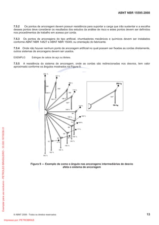 ABNT NBR 15595:2008
© ABNT 2008 - Todos os direitos reservados 13
7.5.2 Os pontos de ancoragem devem possuir resistência para suportar a carga que irão sustentar e a escolha
desses pontos deve considerar os resultados dos estudos da análise de risco e estes pontos devem ser definidos
nos procedimentos de trabalho em acesso por corda.
7.5.3 Os pontos de ancoragens do tipo artificial, chumbadores mecânicos e químicos devem ser instalados
conforme ABNT NBR 14827 e ABNT NBR 15049, ou orientação do fabricante.
7.5.4 Onde não houver nenhum ponto de ancoragem artificial no qual possam ser fixadas as cordas diretamente,
outros sistemas de ancoragens devem ser usados.
EXEMPLO Eslingas de cabos de aço ou têxteis.
7.5.5 A resistência do sistema de ancoragem, onde as cordas são redirecionadas nos desvios, tem valor
aproximado conforme os ângulos mostrados na Figura 9.
Figura 9 — Exemplo de como o ângulo nas ancoragens intermediárias de desvio
afeta o sistema de ancoragem
Exemplarparausoexclusivo-PETROLEOBRASILEIRO-33.000.167/0036-31
Impresso por: PETROBRAS
 