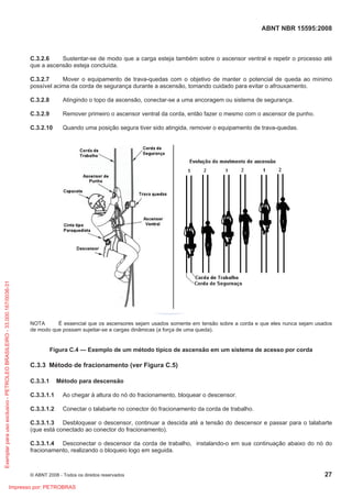 ABNT NBR 15595:2008
© ABNT 2008 - Todos os direitos reservados 27
C.3.2.6 Sustentar-se de modo que a carga esteja também sobre o ascensor ventral e repetir o processo até
que a ascensão esteja concluída.
C.3.2.7 Mover o equipamento de trava-quedas com o objetivo de manter o potencial de queda ao mínimo
possível acima da corda de segurança durante a ascensão, tomando cuidado para evitar o afrouxamento.
C.3.2.8 Atingindo o topo da ascensão, conectar-se a uma ancoragem ou sistema de segurança.
C.3.2.9 Remover primeiro o ascensor ventral da corda, então fazer o mesmo com o ascensor de punho.
C.3.2.10 Quando uma posição segura tiver sido atingida, remover o equipamento de trava-quedas.
NOTA É essencial que os ascensores sejam usados somente em tensão sobre a corda e que eles nunca sejam usados
de modo que possam sujeitar-se a cargas dinâmicas (a força de uma queda).
Figura C.4 — Exemplo de um método típico de ascensão em um sistema de acesso por corda
C.3.3 Método de fracionamento (ver Figura C.5)
C.3.3.1 Método para descensão
C.3.3.1.1 Ao chegar à altura do nó do fracionamento, bloquear o descensor.
C.3.3.1.2 Conectar o talabarte no conector do fracionamento da corda de trabalho.
C.3.3.1.3 Desbloquear o descensor, continuar a descida até a tensão do descensor e passar para o talabarte
(que está conectado ao conector do fracionamento).
C.3.3.1.4 Desconectar o descensor da corda de trabalho, instalando-o em sua continuação abaixo do nó do
fracionamento, realizando o bloqueio logo em seguida.
Exemplarparausoexclusivo-PETROLEOBRASILEIRO-33.000.167/0036-31
Impresso por: PETROBRAS
 