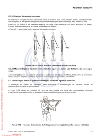ABNT NBR 15595:2008
© ABNT 2008 - Todos os direitos reservados 33
C.3.11 Sistema de redução mecânica
No sistema de redução mecânica utilizam-se polias de diversos tipos, como simples, duplas, com bloqueio etc.,
com o objetivo de redução do esforço realizado para movimentação vertical de cargas, seja humana ou não.
A escolha do sistema a ser montado depende da carga a ser levantada e da altura envolvida no serviço.
Existem diversas maneiras de se realizar a montagem do sistema.
A Figura C.11 exemplifica quatro sistemas de redução mecânica.
Figura C.11 — Exemplo de quatro sistemas de redução mecânica
C.3.12 Movimentação de equipamentos, materiais e pessoas com o uso da técnica de acesso por
corda
A movimentação pode ser realizada utilizando-se as técnicas de redução mecânica, tirolesa e/ou a combinação
destas. Deve-se respeitar o limite de segurança para carga do equipamento a ser utilizado.
C.3.13 Instalação de linhas para movimentação horizontal e planos inclinados
A instalação de cordas de segurança deve possibilitar a movimentação de pessoas através de
aparelhos auto-blocante ou nós-blocantes.
A Figura C.12 mostra um exemplo de como se deve instalar uma linha para movimentação horizontal
e que durante a passagem entre as ancoragens o profissional deve estar sempre conectado.
Figura C.12 — Exemplo de instalação de linhas para movimentação horizontal e planos inclinados
Exemplarparausoexclusivo-PETROLEOBRASILEIRO-33.000.167/0036-31
Impresso por: PETROBRAS
 