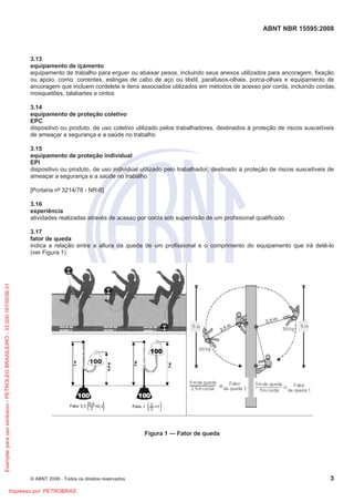 ABNT NBR 15595:2008
© ABNT 2008 - Todos os direitos reservados 3
3.13
equipamento de içamento
equipamento de trabalho para erguer ou abaixar pesos, incluindo seus anexos utilizados para ancoragem, fixação
ou apoio, como: correntes, eslingas de cabo de aço ou têxtil, parafusos-olhais, porca-olhais e equipamento de
ancoragem que incluem cordelete e itens associados utilizados em métodos de acesso por corda, incluindo cordas,
mosquetões, talabartes e cintos
3.14
equipamento de proteção coletivo
EPC
dispositivo ou produto, de uso coletivo utilizado pelos trabalhadores, destinados à proteção de riscos suscetíveis
de ameaçar a segurança e a saúde no trabalho
3.15
equipamento de proteção individual
EPI
dispositivo ou produto, de uso individual utilizado pelo trabalhador, destinado à proteção de riscos suscetíveis de
ameaçar a segurança e a saúde no trabalho
[Portaria nº 3214/78 - NR-6]
3.16
experiência
atividades realizadas através de acesso por corda sob supervisão de um profissional qualificado
3.17
fator de queda
indica a relação entre a altura da queda de um profissional e o comprimento do equipamento que irá detê-lo
(ver Figura 1)
Figura 1 — Fator de queda
Exemplarparausoexclusivo-PETROLEOBRASILEIRO-33.000.167/0036-31
Impresso por: PETROBRAS
 
