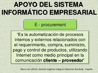 APOYO DEL SISTEMA
INFORMÁTICO EMPRESARIAL
E - procurement
“Es la automatización de procesos
internos y externos relacionados con
el requerimiento, compra, suministro,
pago y control de productos, utilizando
Internet como medio principal en la
comunicación cliente – proveedor”
Mora Luis (2011). Gestión Logística Integral. Ediciones Starbook.. España
 