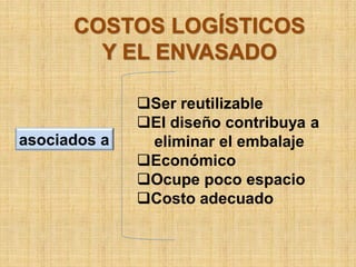 COSTOS LOGÍSTICOS
        Y EL ENVASADO

              Ser reutilizable
              El diseño contribuya a
asociados a    eliminar el embalaje
              Económico
              Ocupe poco espacio
              Costo adecuado
 