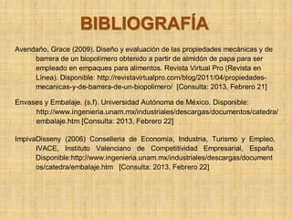 BIBLIOGRAFÍA
Avendaño, Grace (2009). Diseño y evaluación de las propiedades mecánicas y de
     barrera de un biopolímero obtenido a partir de almidón de papa para ser
     empleado en empaques para alimentos. Revista Virtual Pro (Revista en
     Línea). Disponible: http://revistavirtualpro.com/blog/2011/04/propiedades-
     mecanicas-y-de-barrera-de-un-biopolimero/ [Consulta: 2013, Febrero 21]

Envases y Embalaje. (s.f). Universidad Autónoma de México. Disponible:
     http://www.ingenieria.unam.mx/industriales/descargas/documentos/catedra/
     embalaje.htm [Consulta: 2013, Febrero 22]

ImpivaDisseny (2006) Conselleria de Economía, Industria, Turismo y Empleo,
      IVACE, Instituto Valenciano de Competitividad Empresarial, España.
      Disponible:http://www.ingenieria.unam.mx/industriales/descargas/document
      os/catedra/embalaje.htm [Consulta: 2013, Febrero 22]
 