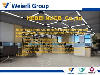 Hebei Nuob Trade Co.,ltd
Heibei Nuob Trade Co.,ltd mainly handle importing and
exporting trade , which is supported by three brother
factories -----
Weierli animal pharmancy factory ,
Hebei Wangda feeds & veterinary medicine factory
Hebei Pude animal medicine factory ,
and one foundation :Zhaoxian Biology Technology Foundation
Also as NCPC ‘s agent ,we have long good cooperation
with NCPC
HEBEI NUOB Co.,ltd
Heibei Nuob Trade Co.,ltd mainly handle importing and
exporting trade , which is supported by four brother
factories -----
1.Weierli animal pharmancy factory
2.Hebei Wangda feedsstuff & animal drug factory
3.Hebei Pude animal medicine factory
4.North China Pharmacutical Corporation Veterinary Co.,ltd
and one foundation :Zhaoxian Biology Technology
Foundation
 