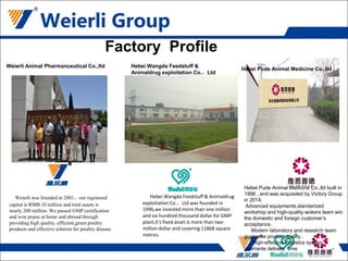 Weierli was founded in 2001，our registered
capital is RMB 10 million and total assets is
nearly 200 million. We passed GMP certification
and won praise at home and abroad through
providing high quality, efficient,green poultry
products and effective solution for poultry disease.
Weierli Animal Pharmanceutical Co.,ltd
Hebei Wangda Feedstuff & Animaldrug
exploitation Co.，Ltd was founded in
1996,we invested more than one million
and six hundred thousand dollar for GMP
plant,it's fixed asset is more than two
million dollar and covering 11868 square
metres.
Hebei Pude Animal Medicine Co.,ltd built in
1996 , and was acquisited by Victory Group
in 2014.
Advanced equipments,standarized
workshop and high-quality wokers team win
the domestic and foreign customer’s
acceptance.
Modern laboratory and research team
guarrante product quality .
High-effective Logistics system
guarrante delivery time
Hebei Wangda Feedstuff &
Animaldrug exploitation Co.，Ltd
Hebei Pude Animal Medicine Co.,ltd
Factory Profile
 