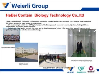 Foundation was started
Workshop
Government officials’s visit
Workshop inner appearance
HeBei Contain Biology Technology Co.,ltd
Hebei Contain Biology Technology Co.,ltd located in Zhaoxian Village in August ,2013 ,occuping 79370 squares , total investment
560 billion , is regard as major project of our province .
We are aimming to build it as a GMP typical project with all dosages such as powder , premix , injection , feeding additives ,
herbal extract , oral liquid , tablets and so on .
We believe in “Best quality can rock the world and go deep into customer’s heart ”.Our researching team will improve ourself
gradually and keep step with the advanced techology.
 