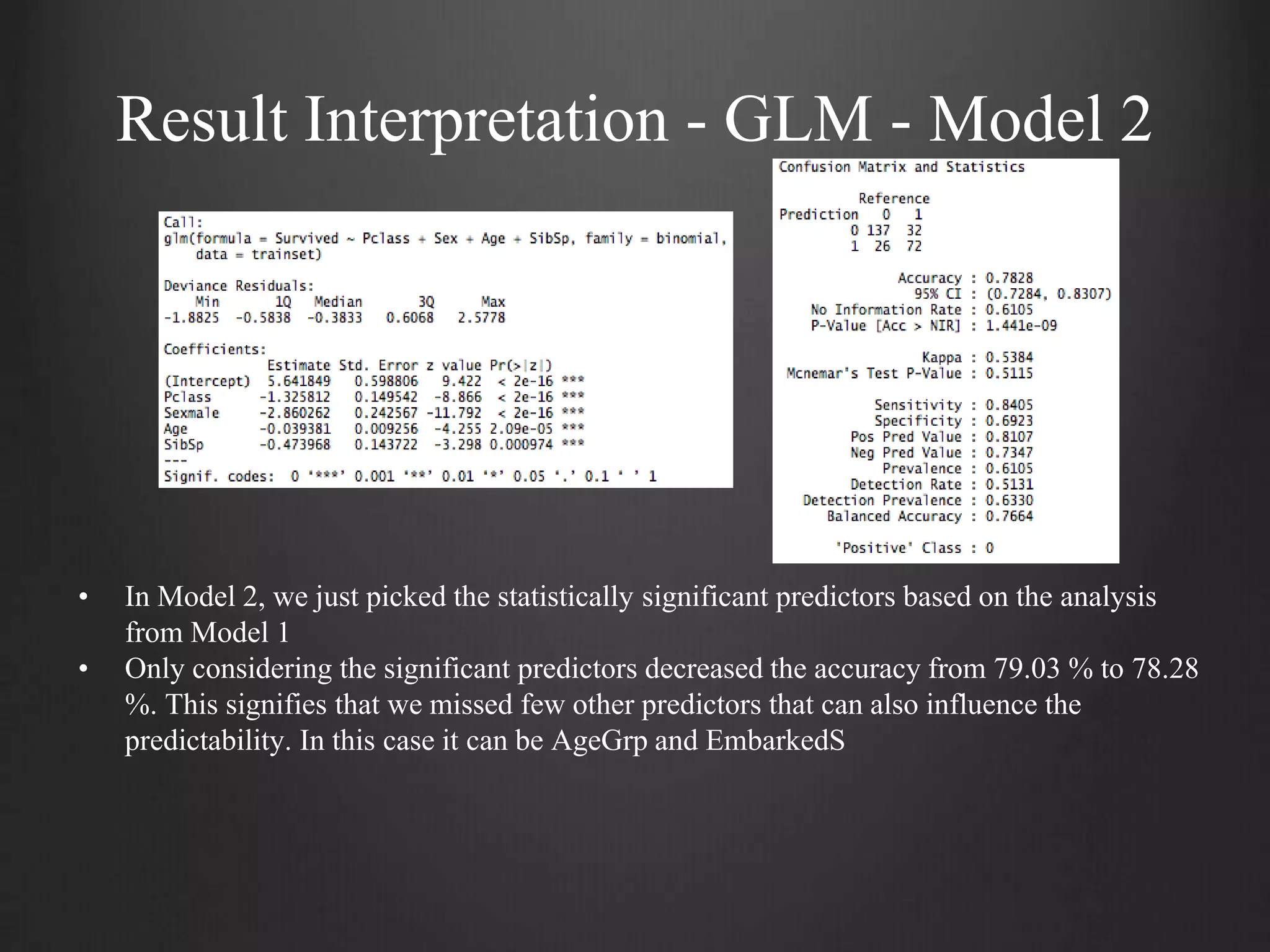 Result Interpretation - GLM - Model 2
• In Model 2, we just picked the statistically significant predictors based on the analysis
from Model 1
• Only considering the significant predictors decreased the accuracy from 79.03 % to 78.28
%. This signifies that we missed few other predictors that can also influence the
predictability. In this case it can be AgeGrp and EmbarkedS
 