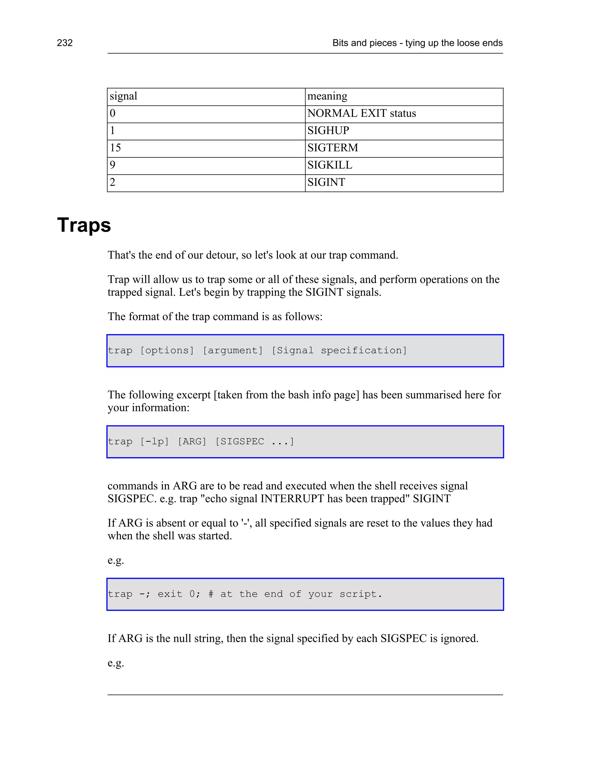 232                                                      Bits and pieces - tying up the loose ends




      signal                                       meaning
      0                                            NORMAL EXIT status
      1                                            SIGHUP
      15                                           SIGTERM
      9                                            SIGKILL
      2                                            SIGINT


Traps
      That's the end of our detour, so let's look at our trap command.

      Trap will allow us to trap some or all of these signals, and perform operations on the
      trapped signal. Let's begin by trapping the SIGINT signals.

      The format of the trap command is as follows:

      trap [options] [argument] [Signal specification]



      The following excerpt [taken from the bash info page] has been summarised here for
      your information:

      trap [-lp] [ARG] [SIGSPEC ...]



      commands in ARG are to be read and executed when the shell receives signal
      SIGSPEC. e.g. trap "echo signal INTERRUPT has been trapped" SIGINT

      If ARG is absent or equal to '-', all specified signals are reset to the values they had
      when the shell was started.

      e.g.

      trap -; exit 0; # at the end of your script.



      If ARG is the null string, then the signal specified by each SIGSPEC is ignored.

      e.g.
 