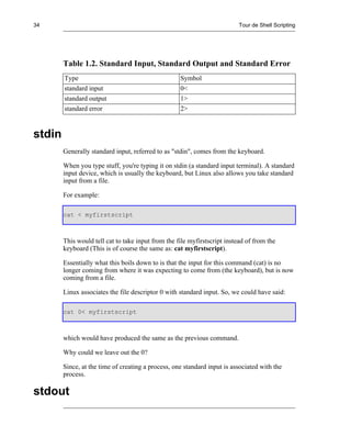34                                                                         Tour de Shell Scripting




        Table 1.2. Standard Input, Standard Output and Standard Error
        Type                                        Symbol
        standard input                              0<
        standard output                             1>
        standard error                              2>


stdin
        Generally standard input, referred to as "stdin", comes from the keyboard.

        When you type stuff, you're typing it on stdin (a standard input terminal). A standard
        input device, which is usually the keyboard, but Linux also allows you take standard
        input from a file.

        For example:

        cat < myfirstscript



        This would tell cat to take input from the file myfirstscript instead of from the
        keyboard (This is of course the same as: cat myfirstscript).

        Essentially what this boils down to is that the input for this command (cat) is no
        longer coming from where it was expecting to come from (the keyboard), but is now
        coming from a file.

        Linux associates the file descriptor 0 with standard input. So, we could have said:

        cat 0< myfirstscript



        which would have produced the same as the previous command.

        Why could we leave out the 0?

        Since, at the time of creating a process, one standard input is associated with the
        process.

stdout
 