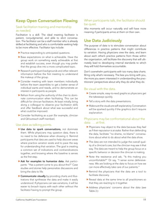 11California HealthCare Foundation 	
Keep Open Conversation Flowing
Seek facilitation training and mentorship
as needed.
Facilitation is a skill. The ideal meeting facilitator is
patient, nonjudgmental, and able to elicit conversa-
tion. The facilitator can be a staff member who is already
skilled at facilitating and who is comfortable seeking help
to be more effective. Facilitator tips include:
	Practice responding to anticipated questions.
	Base expectations on what is achievable. Have the
group work on something easily achievable at first
and establish success, even though you may prefer
that the group dive into a more complicated topic.
	Research participant backgrounds and other relevant
information before the first meeting to understand
the makeup of the group.
	Consider meeting with team members individually
before the team assembles to get a better sense of
individual wants and needs, and to demonstrate an
interest in participants as people.
	Refrain from using the authority of the chair to domi-
nate communication when facilitating. This can be
difficult for clinician facilitators. At least initially, bring
along a colleague to observe your facilitation skills
and offer feedback about what was successful and
what could be improved.
	Consider facilitating as a pair (for example, clinician
and QI/outreach staff member).
Use data as talking points.
	Use data to spark conversations, not dominate
them. While physicians may question data, there is
no need to be defensive when showing it. Remind
participants that data are used to help discover areas
where practice variation exists and to pave the way
for understanding that variation. The goal is creating
a common set of indications and contraindications
together, and knowing where the baseline is serves
as the first step.
	Ask for examples to humanize data. Ask partici-
pants: “Has a patient come to you about this?” Case
studies and stories help personalize discussions and
bring the data to life.
	Communicate visually by providing charts and illus-
trations that synthesize the data and make it easily
understood. If physicians can see variations, it will be
easier to broach topics with each other without the
facilitator having to prompt the group.
When participants talk, the facilitator should
be quiet.
Aha moments will occur naturally and will have more
meaning if participants arrive at them on their own.
Use Data Judiciously
The purpose of data is to stimulate conversation about
differences in practice patterns that might contribute
to variation. Having physicians view the data, and learn
about each other’s practice patterns from those within
the organization, will facilitate the discovery that will ulti-
mately lead to developing internal standards to which
they will hold themselves accountable.
Don’t overwhelm participants with too many data charts.
Bring only what’s necessary. The less you bring with you,
the more you seem interested in understanding the prac-
titioners’ per­spectives about why they do what they do.
Be visual with the data.
	Create simple, easy-to-read graphs so physicians get
the takeaways quickly.
	Tell a story with the data presentations.
	Makesurethevisualsareself-explanatory.Conversation
will be sparked quickly if the graphics don’t require
explanation.
Physicians may be confrontational about the
data . . . at first.
	Physicians may object to the data because they feel
as if their reputation is at stake. Rather than defending
the data, facilitate “no shame, no blame” conversa-
tions about what to do about what the data show.
	The data are not intended to judge the overall qual-
ity of a clinician’s care, but the clinician may see it that
way. The data are meant to help the group focus on a
specific behavior or decision the clinician is making.
	Note the resistance and ask, “Is this making you
uncomfortable?” Or say, “I sense some defensive-
ness. We are looking at the data to focus on how we
can more effectively take care of our patients.”
	Remind the physicians that the data are a tool to
facilitate discovery.
	Reveal data at the same time to all practitioners so
that they are reacting to it together.
	Address physicians’ concerns about the data (see
Table 2.):
 