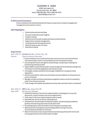 SUZANNE A. SABO
47643 Burlingame Dr.
Chesterfield Twp., MI 48047
Home (586) 850-4467 Work (248) 581-0275
sabo47643@comcast.net
Professional Summary:
Drivenanddetail orientedprofessional with16yearsexperience inprojectmanagement,
managementand customerservice.
Skill Highlights:
 Relationshipandteambuilding
 Personal andprofessional integrity
 Problemsolving
 Abilitytocommunicate complex processesandprocedures
 Organizationandtaskmanagement
 Creatingandmaintainingdocuments
 Abilitytoworkas part of a team
 Attentiontodetail
Experience:
Sept. 2015 to CoreSource, Inc., Clinton Twp., MI
Present Communications Specialist
Liaisonbetweencross-functional businessunitstoensure correctbenefitplan
information/clientintentisinterpretedandcommunicatedaccurately
 Consultingwithclientsandagentsonplandesign,composing,reviewingand
distributingclientdocuments
 SubjectMatter Expertthatprovidesrecommendationsforbenefitplandesignand
informationonbenefitslegislationandindustrytrends
 Investigate,analyze anddeterminechangesneededfromnew government
regulations
 Identifyandproblem-solveissuesandmake recommendationsonhow processes
can be enhanced
 Manage multiple prioritiesandprojectsassignedtomake sure all are completed
withintime framespromised
 Track changesand update spreadsheettoshow statusandwhentaskiscompleted
Mar. 2011 to HRPro, Inc., Royal Oak, MI
Sept. 2015 FSA Account Manager
 Handledall phasesof new clientimplementation includingplanset-up,plan
documents,andall contractsand service agreements
 Track status of all new implementationsandrenewals
 EducatednewclientsonSection125 guidelines
 Collectednon-discriminationtestinginformation, uploadtestingspreadsheet,
performclienttestingandreview resultswithclient
 Providedguidance andinformationtoclientbasedontestingresults
 Maintainedclientsatisfactionbyprovidingproblemsolvingresources,
reconciliationsandauditsasnecessary
 Determinedclientservice requirementsbymaintainingcontactwithclientsand
visitingoperational environmentswhenneeded
 