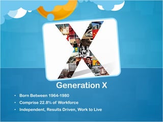 •  Born Between 1964-1980
•  Comprise 22.8% of Workforce
•  Independent, Results Driven, Work to Live
Generation X
 
