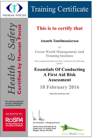 Ananth Tamilmaniarasu - Essentials Of Conducting A First Aid Risk Assessment