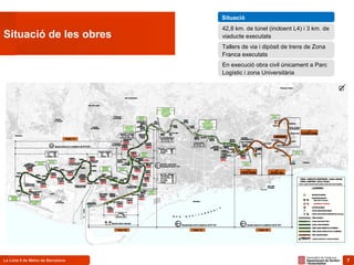 7La Línia 9 de Metro de Barcelona 7
Situació de les obres
Situació
42,8 km. de túnel (incloent L4) i 3 km. de
viaducte executats
Tallers de via i dipòsit de trens de Zona
Franca executats
En execució obra civil únicament a Parc
Logístic i zona Universitària
 