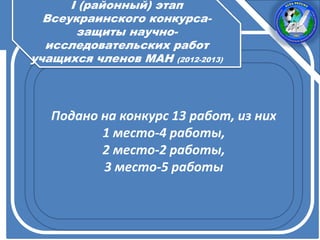 Подано на конкурс 13 работ, из них
1 место-4 работы,
2 место-2 работы,
3 место-5 работы
I (районный) этап
Всеукраинского конкурса-
защиты научно-
исследовательских работ
учащихся членов МАН (2012-2013)
 