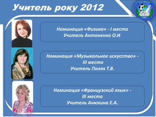 Учитель року 2012
Номинация «Физика» - I место
Учитель Антоненко О.И.
Номинация «Музыкальное искусство» -
III место
Учитель Полях Т.В.
Номинация «Французский язык» -
III место
Учитель Анюхина Е.А.
 