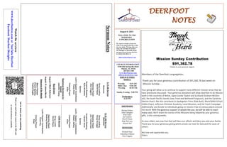 DEERFOOT
NOTES
August 8, 2021
Let
us
know
you
are
watching
Point
your
smart
phone
camera
at
the
QR
code
or
visit
deerfootcoc.com/hello
WELCOME TO THE
DEERFOOT
CONGREGATION
We want to extend a warm wel-
come to any guests that have come
our way today. We hope that you
enjoy our worship. If you have
any thoughts or questions about
any part of our services, feel free
to contact the elders at:
elders@deerfootcoc.com
CHURCH INFORMATION
5348 Old Springville Road
Pinson, AL 35126
205-833-1400
www.deerfootcoc.com
office@deerfootcoc.com
SERVICE TIMES
Sundays:
Worship 8:15 AM
Bible Class 9:30 AM
Worship 10:30 AM
Sunday Evening 5:00 PM
Wednesdays:
6:30 PM
SHEPHERDS
Michael Dykes
John Gallagher
Rick Glass
Sol Godwin
Merrill Mann
Skip McCurry
Darnell Self
MINISTERS
Richard Harp
Johnathan Johnson
Alex Coggins
Sermon
Notes
10:30
AM
Service
Welcome
Song
Leading
Doug
Scruggs
Opening
Prayer
Jim
Timmerman
Scripture
Reading
Canaan
Hood
Sermon
Lord’s
Supper
/
Contribution
Robert
Jeffery
Closing
Prayer
Elder
————————————————————
5
PM
Service
Song
Leader
David
Hayes
Opening
Prayer
Rodney
Denson
Lord’s
Supper/
Contribution
Chad
Key
Closing
Prayer
Elder
Watch
the
services
www.
deerfootcoc.com
or
YouTube
Deerfoot
Facebook
Deerfoot
Disciples
8:15
AM
Service
Welcome
Song
Leading
David
Hayes
Opening
Prayer
Alex
Coggins
Scripture
Reading
Kyle
Windham
Sermon
Lord’s
Supper/
Contribution
Rusty
Allen
Closing
Prayer
Elder
Baptismal
Garments
for
August
Jeanette
Cosby
Mission Sunday Contribution
$91,382.78
Thanks to your generous support
Members of the Deerfoot congregation,
Thank you for your generous contribution of $91,382.78 last week on
Mission Sunday. . .
Your giving will allow us to continue to support many different mission areas that we
have previously discussed. Your generous donations will allow Deerfoot to do Mission
work in the countries of Belize, Japan (Leslie Taylor) and Scotland (Graham McDon-
ald), the South Pacific Islands (Joey Treat and Nathaniel Ferguson), and the Carolinas
(Barton Kizer). We also contribute to Apologetics Press (Kyle Butt), World Bible School
(Eddie Cloer), Jefferson Christian Academy, Local Missions, and the Youth Campaign.
Additionally, we donate to individuals going on mission trips to various places around
the world. With the generous support of people like you, we will be able to reach
many souls. We'll share the stories of the Missions being helped by your generous
gifts, in the coming weeks.
As your elders, we pray that God will bless our efforts and bless you and your family.
Thank you for your generous giving which proves our love for God and the souls of
others.
We love and appreciate you,
Elders
Bus
Drivers
August
8
Mark
Adkinson
August
15
James
Morris
Deacons
of
the
Month
Steve
Putnam
Chuck
Spitzley
Yoshio
Sugita
 