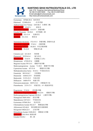 NANTONG QIHAI NUTRACEUTICALS CO., LTD
Add: 21#, Yongxing International,Nantong,China
Tel: 86-513-55019226 Fax: 86-513-55019225
Email:sales@qhnutraceuticals.com
http://www.qhnutraceuticals.com
2
Exemestane 107868-30-4 依西美坦
Pidotimod 121808-62-6 -匹多莫德
Androst-4-ene-3,6,17-trione 2243-06-3 4-雄烯三酮-
Oxymetholone 434-07-1 康复龙
Testosterone enanthate 315-37-7 庚酸睾酮
Estradiol benzoate 50-50-0 苯甲酸雌二醇
Mestanolone 521-11-9 美雄诺龙
Stanolone 521-18-6 雄诺龙
Testosterone decanoate 5721-91-5 癸酸睾酮, 癸酸睾丸素
Testosterone propionate 57-85-2 丙酸睾酮
Testosterone cypionate 58-20-8 环戊丙酸睾酮
Testosterone 58-22-0 睾酮,睾丸素
Cinnamic acid 621-82-9 肉桂酸
Flumazenil 78755-81-4 氟马西尼
Metandienone 72-63-9 美雄酮(大力补)
Drospirenone 67392-87-4 屈螺酮
Megestrol Acetate 595-33-5 醋酸甲地孕酮
Medroxyprogesterone Acetate 71-58-9 醋酸甲羟孕酮
Cyproterone Acetate 427-51-0 醋酸环丙孕酮
Methylprednisolone Series 83-43-2 甲基泼尼松龙
Finasteride 98319-26-7 非那雄胺
Dutasteride 164656-23-9 度他雄胺
Budesonide 51333-22-3 布地奈德
Deflazacort 14484-47-0 地氟可特
Fluticasone propionate 80474-14-2 丙酸氟替卡松
Flumethasone 2135-17-3 双氟美松，6Α-氟地塞米松
Progesterone 57-83-0 黄体酮/孕酮
17a-Hydroxy Progesterone Acetate 302-23-8 醋酸羟孕酮
Hydroxyprogesterone Caproate 630-56-8 己酸羟孕酮，
Nomegestrol 58691-88-6 诺美孕酮
Meprednisone 1247-42-3 甲基泼尼松
Exemestane 107868-30-4 依西美坦
Chlormadinone Acetate 302-22-7 醋酸氯地孕酮
Allylestrenol 432-60-0 烯丙雌醇,烯丙基雌烯醇
Desogestrel 54024-22-5 去氧孕烯
Delmadinone Acetate 13698-49-2 醋酸地马孕酮
Epitiostanol 2363-58-8 硫雄甾醇
Estradiol 50-28-2 雌二醇
 
