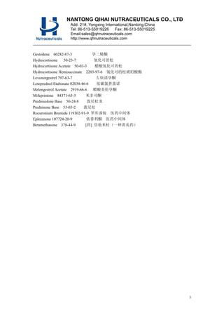NANTONG QIHAI NUTRACEUTICALS CO., LTD
Add: 21#, Yongxing International,Nantong,China
Tel: 86-513-55019226 Fax: 86-513-55019225
Email:sales@qhnutraceuticals.com
http://www.qhnutraceuticals.com
3
Gestodene 60282-87-3 孕二烯酮
Hydrocortisone 50-23-7 氢化可的松
Hydrocortisone Acetate 50-03-3 醋酸氢化可的松
Hydrocortisone Hemisuccinate 2203-97-6 氢化可的松琥珀酸酯
Levonorgestrel 797-63-7 左炔诺孕酮
Loteprednol Etabonate 82034-46-6 依碳氯替泼诺
Melengestrol Acetate 2919-66-6 醋酸美伦孕酮
Mifepristone 84371-65-3 米非司酮
Prednisolone Base 50-24-8 泼尼松龙
Prednisone Base 53-03-2 泼尼松
Rocuronium Bromide 119302-91-9 罗库溴铵 医药中间体
Eplerenone 107724-20-9 依普利酮 医药中间体
Betamethasone 378-44-9 [药] 倍他米松（一种消炎药）
 