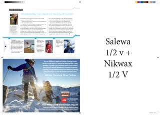 2012Gary
Connery
exits a helicopter
in a double layered
wingsuit and
intentionally lands
without deploying
a parachute into a
landing zone made of
cardboard boxes.
40 | SUMMIT#72 | WINTER 2013
BMC member Ashly
Fusiarski spent this
summer in Chamonix
before heading back
to Antarctica. He
currently has no plans
to start BASE jumping.
mountaineers and it appears the same is true for BASE
jumpers and wingsuit ﬂyers.
I asked if wingsuit ﬂying would ever become mainstream?
“No” he said after a pause.
“It will grow of course but there are no green slopes.” He
adds, referring to his freeride skiing background.
He is right. There is a level of climbing that suits
everybody willing to take part in it. But with BASE jumping,
on the very ﬁrst jump you are 'all in'. With skiing and
climbing there is feedback from the environment, pain
teaches you what not to do. With a BASE jump, “the day you
crash is the day your life is over”. From the very start you
have to be at the right level, totally alert and responsive
to your surroundings and to never get complacent. It’s
not for everyone in the same way climbing can be.
Mountaineering will always have its place and will
always be adventurous to those taking part. There are
often surprising achievements in the mountains even
now. But one thing is for sure; mountains are not just the
domain of the mountaineer or skier any more. Will BASE
jumping become the next evolution for climbers or will
the two sports always maintain a degree of separation?
They have more in common that you think – for Espen it
is simply about “taking risks for fun, in nature”.
BEYOND MOUNTAINEERING
“MOUNTAINEERING IS NO LONGER CUTTING-EDGE OR ESOTERIC”
Salewa
1/2 v +
Nikwax
1/2 V
We are Scotland's National Outdoor Training Centre
located in the heart of Cairngorms National Park. Learn,
develop or qualify in an adventure sport of your choice.
Our goal is to inspire adventure by teaching beginners,
coaching intermediate/advanced and delivering training
and assessment courses for leaders and instructors.
Glenmore Lodge
& Ellis Brigham
Equipping you
for the mountain
Our instructors are kept
warm and dry thanks to
The North Face
Summit Series Range
visit www.glenmorelodge.org.uk
bespoke dates, tailored courses, off-site training, group
bookings and non residential prices all available upon request
Winter Courses Now Online
Glenmore Lodge.indd 1 12/09/2013 09:14:57
2013Valery
Rozov
completes the highest
ever BASE jump from
an altitude of 7,220m
on Everest.
2009Sam Beaugey and
team complete the ﬁrst
BASE jump in Antarctica in one of
the most interesting and adventurous
expeditions in recent history. Expert
planning and execution combined a
series of skills to climb, BASE jump
and ski in the Queen Maud Land
range which was then followed by
a self-sufﬁcient pulking/kite skiing
extraction to Novo airbase.
72 SUMMIT_AUTUMN_V1.indd 40-41 18/11/2013 12:37
 