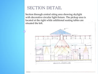 SECTION DETAIL
Section through central siting area showing skylight
with decorative circular light fixture. The pickup area is
located at the right while additional seating tables are
situated the left.
 
