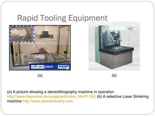 Rapid Tooling Equipment
(a)
(a) A picture showing a stereolithography machine in operation
http://www.rtejournal.de/ausgabe4/index_html/1163/ (b) A selective Laser Sintering
machine http://www.directindustry.com
(b)
 