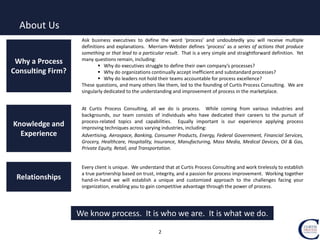 2
About Us
Knowledge and
Experience
Relationships
Why a Process
Consulting Firm?
Ask business executives to define the word ‘process’ and undoubtedly you will receive multiple
definitions and explanations. Merriam-Webster defines ‘process’ as a series of actions that produce
something or that lead to a particular result. That is a very simple and straightforward definition. Yet
many questions remain, including:
 Why do executives struggle to define their own company’s processes?
 Why do organizations continually accept inefficient and substandard processes?
 Why do leaders not hold their teams accountable for process excellence?
These questions, and many others like them, led to the founding of Curtis Process Consulting. We are
singularly dedicated to the understanding and improvement of process in the marketplace.
At Curtis Process Consulting, all we do is process. While coming from various industries and
backgrounds, our team consists of individuals who have dedicated their careers to the pursuit of
process-related topics and capabilities. Equally important is our experience applying process
improving techniques across varying industries, including:
Advertising, Aerospace, Banking, Consumer Products, Energy, Federal Government, Financial Services,
Grocery, Healthcare, Hospitality, Insurance, Manufacturing, Mass Media, Medical Devices, Oil & Gas,
Private Equity, Retail, and Transportation.
Every client is unique. We understand that at Curtis Process Consulting and work tirelessly to establish
a true partnership based on trust, integrity, and a passion for process improvement. Working together
hand-in-hand we will establish a unique and customized approach to the challenges facing your
organization, enabling you to gain competitive advantage through the power of process.
We know process. It is who we are. It is what we do.
 