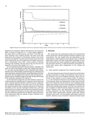 agglomerates of hydrates (yellow) had formed in the mineral oil
(blue), as shown in image B in Fig. 18. These hydrate agglomer-
ates broke down to small particles, and about 15 min after hy-
drate formation onset, hydrate particles and water were fully
dispersed in the oil phase. As the hydrate content in this slurry
increased, the apparent viscosity also increased. At the end result
of this experiment, the slurry appeared to be highly viscous but
still a transportable slurry with a small amount of hydrates
sticking to the windows and pipe wall in the area that was not
exposed to the slurry ﬂow (image C in Fig. 18).
For one experiment performed with gas mixture, condensate, 30%
water cut and 0.5 wt% Arquad in water, with cooling of the bath to
1 °C, the water was fully dispersed in the condensate before hydrate
formation onset. When hydrates started forming, the condensate and
water partly phase separated. Hydrates started depositing at the lower
wall of the cell. One hypothesis for why the water and hydrates se-
parated from the condensate might be the lower density and viscosity
of the condensate compared to the mineral oil.
As the experiment progressed and more hydrates formed, the
condensate became gradually more transparent until all dispersed
water or hydrate particles had been removed from the condensate
due to hydrate deposition in the lower part of the cell. During
the hydrate formation, pillars of hydrates formed at the deposit in
the bottom of the cell. The mechanism behind this is not fully
understood, but it is likely that the pillars were formed from water
that was trapped in the deposit in an early stage of the experiment
and later permeated upward from the deposit along the duration
of the experiment while the amount of water converted to hy-
drates increased (Fig. 19).
4. Discussion
The results from this experimental study have demonstrated
various mechanisms related to hydrate formation, deposition, and
accumulation. The new insights from the observations in this
study improve understanding on how hydrates form in different
hydrocarbon systems and give fundamental knowledge to facil-
itate existing and new control strategies for hydrate management.
This discussion will focus on hydrate formation mechanisms ob-
served with various ﬂuid compositions in the rocking cell
experiments.
4.1. Phase separation of dispersion due to hydrate formation
One interesting observation from the experiments performed is
the phase separation or change in the dispersion state of water in
the oil phase at the onset of hydrate formation, which was ob-
served to some degree in all the systems tested. As shown in
Fig. 20, the mechanism observed can be divided into three steps:
(i) Entrainment: phases are dispersed due to shear forces from the
ﬂow in the rocking cell. The oils tested are non-emulsifying which
imply a low content of surface active components. The dispersion
will therefore quickly phase separate if the ﬂow and mixing in the
cell is stopped. (ii) Initial Formation: Hydrates can form at all in-
terfaces between water and hydrocarbon containing hydrate
forming components. (iii) Phase Separation: liquid hydrocarbon
and water phases quickly phase separate shortly after hydrate
formation onset with a macroscopically undetectable amount of
hydrates. Detection of gas consumed in hydrate formation based
Fig. 13. Measured and calculated results from an experiment with gas mixture, mineral oil and 3.5 wt% NaCl in water with cooling of bath to 1 °C.
Fig. 14. Hydrate deposit at wall and window surfaces 36 h after hydrates started forming. Image is captured from the video of the experiment with gas mixture, mineral oil,
3.5 wt% NaCl in water, and cooling of the bath to 1 °C.
E.O. Straume et al. / Chemical Engineering Science 155 (2016) 111–126120
 