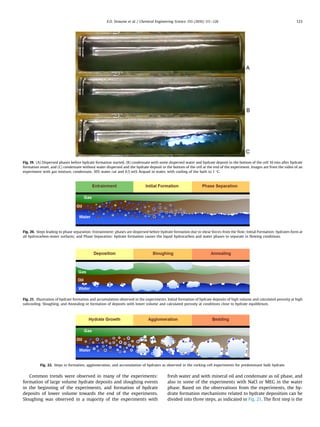 Common trends were observed in many of the experiments:
formation of large volume hydrate deposits and sloughing events
in the beginning of the experiments, and formation of hydrate
deposits of lower volume towards the end of the experiments.
Sloughing was observed in a majority of the experiments with
fresh water and with mineral oil and condensate as oil phase, and
also in some of the experiments with NaCl or MEG in the water
phase. Based on the observations from the experiments, the hy-
drate formation mechanisms related to hydrate deposition can be
divided into three steps, as indicated in Fig. 21. The ﬁrst step is the
Fig. 19. (A) Dispersed phases before hydrate formation started, (B) condensate with some dispersed water and hydrate deposit in the bottom of the cell 10 min after hydrate
formation onset, and (C) condensate without water dispersed and the hydrate deposit in the bottom of the cell at the end of the experiment. Images are from the video of an
experiment with gas mixture, condensate, 30% water cut and 0.5 wt% Arquad in water, with cooling of the bath to 1 °C.
Fig. 20. Steps leading to phase separation: Entrainment: phases are dispersed before hydrate formation due to shear forces from the ﬂow; Initial Formation: hydrates form at
all hydrocarbon-water surfaces; and Phase Separation: hydrate formation causes the liquid hydrocarbon and water phases to separate in ﬂowing conditions.
Fig. 21. Illustration of hydrate formation and accumulation observed in the experiments. Initial formation of hydrate deposits of high volume and calculated porosity at high
subcooling. Sloughing, and Annealing or formation of deposits with lower volume and calculated porosity at conditions close to hydrate equilibrium.
Fig. 22. Steps in formation, agglomeration, and accumulation of hydrates as observed in the rocking cell experiments for predominant bulk hydrate.
E.O. Straume et al. / Chemical Engineering Science 155 (2016) 111–126 123
 