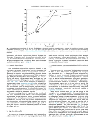 experiments, the hydrate formation and pressure decrease was
slower, and the pressure slowly decreased over a period of several
days after hydrate formation started. The end pressure and tem-
perature conditions in the experiments were close to hydrate
equilibrium conditions (point 3 in Fig. 4).
2.6. Analysis of experiments
Both quantitative and qualitative results are extracted for the
experiments performed. The amount of hydrates formed and the
hydrate equilibrium conditions in each experiment were calcu-
lated from the pressure and temperature data measured during
the experiments, amount and composition of ﬁlled components
(gas, the hydrocarbon liquid and the water phase), and total vo-
lume of the system. The calculations were performed with the
Cubic-Plus-Association (CPA) equation of state available in Multi-
ﬂashs
(KBC, 2014). A more detailed description of these calcula-
tions is provided in the Supporting information. The volume of the
hydrate deposits at the upper surface and bedded hydrates in the
bulk was estimated based on images captured from the video re-
cordings and known dimensions of the cell and cell windows. This
volume estimate and the calculated amount of hydrates formed
were used to calculate the porosity of hydrates.
The video recordings from the experiments also contributed
with visual information, which in these cases was very insightful
to understand the mechanisms of hydrate formation, deposition
and accumulation during the experiments. These mechanisms are
presented and discussed in the next sections. These observations
may also contribute to improved physical models of how hydrates
form under different conditions, which in turn might result in
better ﬂow assurance control and mitigation strategies for various
oil and gas systems.
3. Experimental results
The experiments show that the manner in which hydrates form
and deposit at the pipe wall varies depending on the liquids ﬁlled
in the cell, the subcooling, and the temperature gradient between
the bath temperature and the upper wall surface temperature. The
following sections describe the observed mechanisms related to
hydrate formation in the various hydrocarbon systems that were
investigated in the experiments.
3.1. Hydrate deposition experiments with Mineral Oil 70T and fresh
water
The experiment with gas mixture, 70% liquid loading, Mineral
Oil 70T as oil phase, 60% water cut, cooling bath at 4 °C, and upper
wall temperature at 1 °C, is used as an example presenting me-
chanisms for hydrate formation in the experiments with mineral
oil and fresh water. Fig. 5 shows the temperature and pressure
traces, as well as hydrate equilibrium temperature, subcooling,
and the amount of total water consumed to form hydrates (cal-
culated based on the amount of gas consumed – pressure drop).
The vertical dash lines A to G in the plot refers to speciﬁc key
mechanistic events observed related to hydrate formation during
the experiment. An edited video composed of short videos from
these key mechanistic events in this experiment is available as
Supporting information.
Before hydrate formation onset (Fig. 5-A), the mineral oil and
water phases were completely mixed in a shear-stabilized dispersion
(see Fig. 6-A). Dispersion differs from stable emulsion by the fact that
the phases easily separate right after oscillation of the rocking cell is
stopped. At the time of hydrate formation onset, the blue dyed oil
and yellow dyed water phases separated within minutes before any
signiﬁcant amount of hydrates had formed or was observed, as
shown in Fig. 6-B, which is captured 4 min after the hydrate for-
mation onset. Between 5 and 10 min after onset (Fig. 5-B) hydrate
deposits started appearing at the upper surface and of the cell. The
hydrates did not appear to deposit on the cell surface exposed to the
liquid phase. Hydrates also started forming as particles in the water
phase, which started agglomerating causing increased apparent
viscosity of the water phase. The liquid phase gradually transformed
to a hydrate slurry with large agglomerates of hydrates about 30 min
after hydrate formation onset (Fig. 5-C, Fig. 7).
Fig. 4. Hydrate equilibrium conditions for the 74.7 mol% Methane and 25.3 mol% Ethane mixture for fresh water (curve A, solid line) and solutions with inhibitors (curve B,
dash-dot line). Inhibitors are 3.5 wt% NaCl in water and 6.6 wt% MEG in water, separately (the curves for both of these systems are superimposed). Hydrate equilibrium
conditions are calculated with CSMGem (Ballard and Sloan, 2002, 2004a, 2004b). Curve C (dashed line) shows a typical pressure and temperature trace during a rocking cell
experiment.
E.O. Straume et al. / Chemical Engineering Science 155 (2016) 111–126 115
 