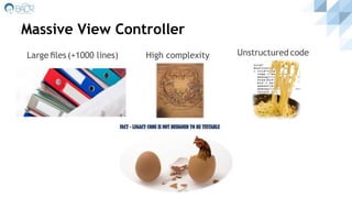 Massive View Controller
Large ﬁles (+1000 lines) High complexity Unstructured code
 