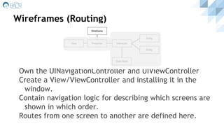 Wireframes (Routing)
Own the UINavigationController and UIViewController
Create a View/ViewController and installing it in the
window.
Contain navigation logic for describing which screens are
shown in which order.
Routes from one screen to another are defined here.
 