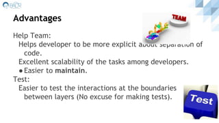 Advantages
Help Team:
Helps developer to be more explicit about separation of
code.
Excellent scalability of the tasks among developers.
●Easier to maintain.
Test:
Easier to test the interactions at the boundaries
between layers (No excuse for making tests).
 