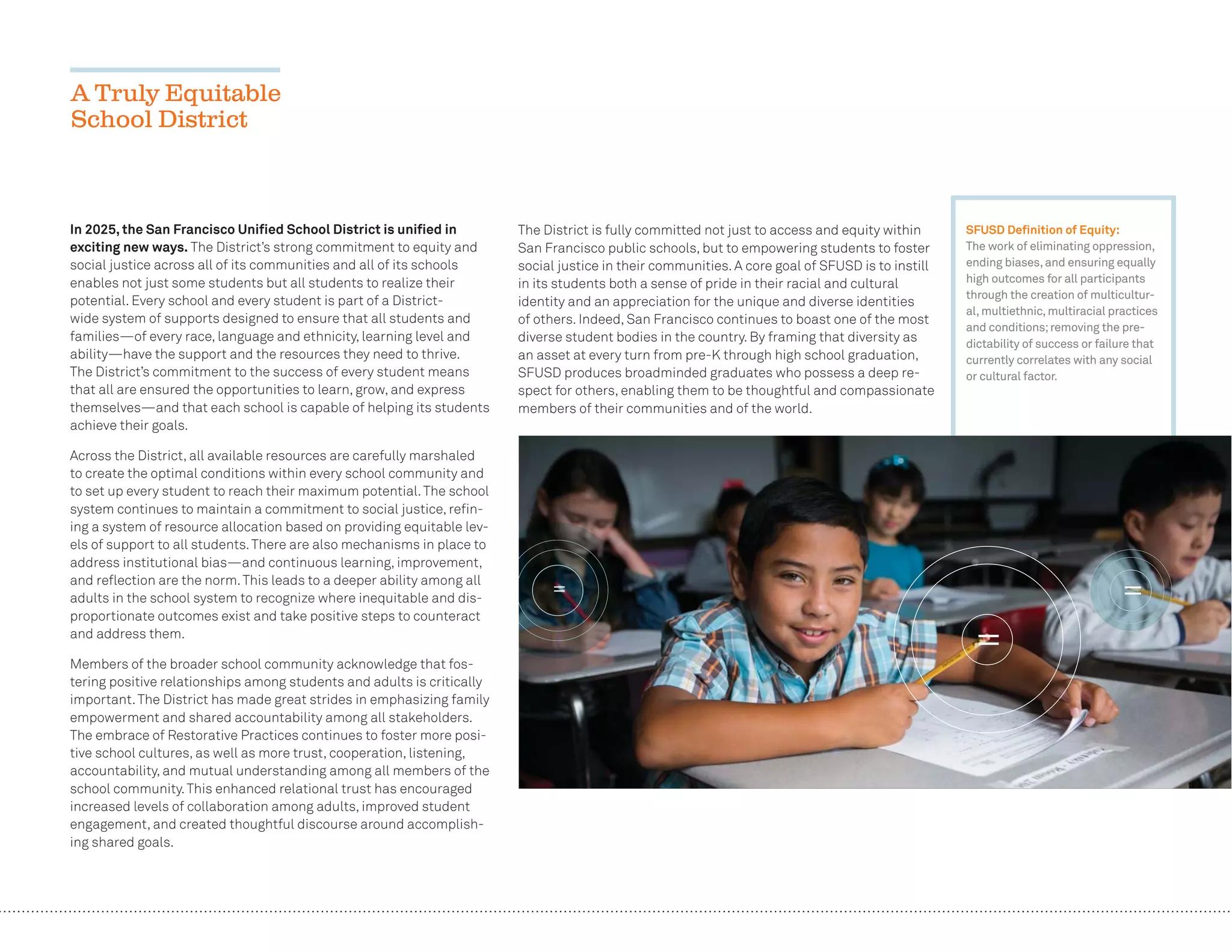 16
In 2025, the San Francisco Uniﬁed School District is uniﬁed in
exciting new ways. The District’s strong commitment to equity and
social justice across all of its communities and all of its schools
enables not just some students but all students to realize their
potential. Every school and every student is part of a District-
wide system of supports designed to ensure that all students and
families—of every race, language and ethnicity, learning level and
ability—have the support and the resources they need to thrive.
The District’s commitment to the success of every student means
that all are ensured the opportunities to learn, grow, and express
themselves—and that each school is capable of helping its students
achieve their goals.
Across the District, all available resources are carefully marshaled
to create the optimal conditions within every school community and
to set up every student to reach their maximum potential.The school
system continues to maintain a commitment to social justice, reﬁn-
ing a system of resource allocation based on providing equitable lev-
els of support to all students.There are also mechanisms in place to
address institutional bias—and continuous learning, improvement,
and reﬂection are the norm.This leads to a deeper ability among all
adults in the school system to recognize where inequitable and dis-
proportionate outcomes exist and take positive steps to counteract
and address them.
Members of the broader school community acknowledge that fos-
tering positive relationships among students and adults is critically
important.The District has made great strides in emphasizing family
empowerment and shared accountability among all stakeholders.
The embrace of Restorative Practices continues to foster more posi-
tive school cultures, as well as more trust, cooperation, listening,
accountability, and mutual understanding among all members of the
school community.This enhanced relational trust has encouraged
increased levels of collaboration among adults, improved student
engagement, and created thoughtful discourse around accomplish-
ing shared goals.
The District is fully committed not just to access and equity within
San Francisco public schools, but to empowering students to foster
social justice in their communities. A core goal of SFUSD is to instill
in its students both a sense of pride in their racial and cultural
identity and an appreciation for the unique and diverse identities
of others. Indeed, San Francisco continues to boast one of the most
diverse student bodies in the country. By framing that diversity as
an asset at every turn from pre-K through high school graduation,
SFUSD produces broadminded graduates who possess a deep re-
spect for others, enabling them to be thoughtful and compassionate
members of their communities and of the world.
A Truly Equitable
School District
=
=
=
SFUSD Deﬁnition of Equity:
The work of eliminating oppression,
ending biases,and ensuring equally
high outcomes for all participants
through the creation of multicultur-
al,multiethnic,multiracial practices
and conditions;removing the pre-
dictability of success or failure that
currently correlates with any social
or cultural factor.
 