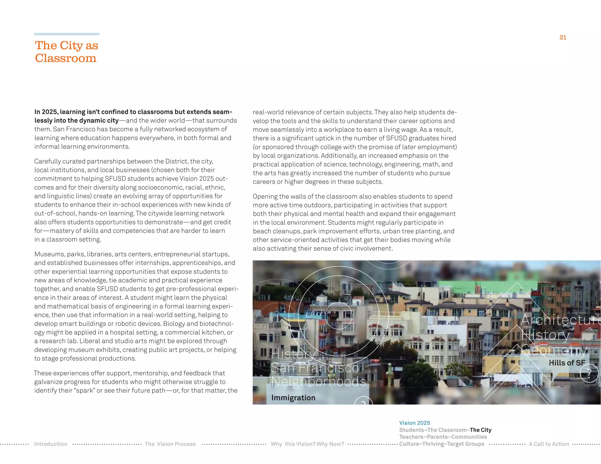 21
In 2025, learning isn’t conﬁned to classrooms but extends seam-
lessly into the dynamic city—and the wider world—that surrounds
them. San Francisco has become a fully networked ecosystem of
learning where education happens everywhere, in both formal and
informal learning environments.
Carefully curated partnerships between the District, the city,
local institutions, and local businesses (chosen both for their
commitment to helping SFUSD students achieve Vision 2025 out-
comes and for their diversity along socioeconomic, racial, ethnic,
and linguistic lines) create an evolving array of opportunities for
students to enhance their in-school experiences with new kinds of
out-of-school, hands-on learning.The citywide learning network
also offers students opportunities to demonstrate—and get credit
for—mastery of skills and competencies that are harder to learn
in a classroom setting.
Museums, parks, libraries, arts centers, entrepreneurial startups,
and established businesses offer internships, apprenticeships, and
other experiential learning opportunities that expose students to
new areas of knowledge, tie academic and practical experience
together, and enable SFUSD students to get pre-professional experi-
ence in their areas of interest. A student might learn the physical
and mathematical basis of engineering in a formal learning experi-
ence, then use that information in a real-world setting, helping to
develop smart buildings or robotic devices. Biology and biotechnol-
ogy might be applied in a hospital setting, a commercial kitchen, or
a research lab. Liberal and studio arts might be explored through
developing museum exhibits, creating public art projects, or helping
to stage professional productions.
These experiences offer support, mentorship, and feedback that
galvanize progress for students who might otherwise struggle to
identify their “spark” or see their future path—or, for that matter, the
real-world relevance of certain subjects.They also help students de-
velop the tools and the skills to understand their career options and
move seamlessly into a workplace to earn a living wage. As a result,
there is a signiﬁcant uptick in the number of SFUSD graduates hired
(or sponsored through college with the promise of later employment)
by local organizations. Additionally, an increased emphasis on the
practical application of science, technology, engineering, math, and
the arts has greatly increased the number of students who pursue
careers or higher degrees in these subjects.
Opening the walls of the classroom also enables students to spend
more active time outdoors, participating in activities that support
both their physical and mental health and expand their engagement
in the local environment. Students might regularly participate in
beach cleanups, park improvement efforts, urban tree planting, and
other service-oriented activities that get their bodies moving while
also activating their sense of civic involvement.
The City as
Classroom
Hills of SF
Immigration
????????????????
F
?
eAAAAAAAAAAAAAAArrrrrrrrrrrrrrrrrrrrrrcccccccccccccccccccchhhhhhhhhhhhhhhiiiiiiiiiiittttttteeeeeeeeeeeeeeeecccccccccccccccccccccccccccctttttttttttttttttttttttttuuuuuuuuuuuuuuuuuuuuuuurrrrrrrrrrrrrrrrrrrrrrrrrreeeeeeeeeeeeeeeeeeeh
HHHHHHHHHHiiiiiiiiiiiissssssssssssssssssstttttttttttooooooooorrrrrrrrrrrrrryyyyyyyyyyyyyyyyyyyyyyHi
eeeooooooommmmmmmmmmmmmmmmmmmmeeeeeeeeeeeeeeeeeeeeeetttttttttttttttttttttttttttttttttrrrrrrrrrrrrrrrrrryyyyyyyyyyyyyyyyyyyyyyoommettrryGGGGGGGGGGGGGGGGGGGGGGGGGGGGGGeeeeeeeeeeeeeeeeeeeeooooooGGeeooGGGGGGGGGGGGGGeoHHHHHHHHHHHHHHHiiiiiiiiisssssssstttttttttttttttttttooooooooooooooorrrrrrrrrrrryyyyyyyyyyyyyyyyyyory
SSSSSSSSSSSSSSSSaaaaaaaaaaaaaaaannnnn FFFFFFFrrrrrrrraaaaaaaaaaaaaaaaannnnnnnnnnnncccccccccccccccccciiiiiiiiisssssssscccccooooooooooooSSSSSaaaannn F ncisco
NNNNNNNNNNNNNNNeiiiggghhhhhhhhhhhhbbbbbbbbbbbbboooooooooorrrrrrrrrrrhhhhhhhhhhhhhhhhoooooooooooooddddddddsssssssssssNNeeiigghhbborhhoodsgg
Vision 2025
Students–The Classroom–The City
Teachers–Parents–Communities
Culture–Thriving–Target GroupsWhy this Vision? Why Now? A Call to ActionIntroduction The Vision Process
 