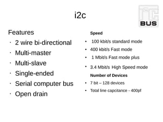 i2c
Features
• 2 wire bi-directional
• Multi-master
• Multi-slave
• Single-ended
• Serial computer bus
• Open drain
Speed
● 100 kbit/s standard mode
● 400 kbit/s Fast mode
● 1 Mbit/s Fast mode plus
●
3.4 Mbit/s High Speed mode
Number of Devices
● 7 bit – 128 devices
● Total line capcitance - 400pf
 
