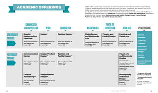 undergraduate
programs
postgraduate
programs
Fashion and
Textile Design**
Fashion Design*
FashionDesign
Two-year Master of Arts
Degree (MA)
Credits: 120
Three-year Bachelor of
Arts Degree (BA)
Credits: 180
One-year Master
Program
Credits: 60
Creative
Advertising**
Communication
Design
Graphic
Design and Art
Direction*
Communication
andgraphicdesign
Three-year Bachelor of
Arts Degree (BA)
Credits: 180
Two-year Master of Arts
Degree (MA)
Credits: 120
Design*
Design-Product
Design**
Design-Interior
Design**
Design
Two-year Master of Arts
Degree (MA)
Credits: 120
Two-year Master of Arts
Degree (MA)
Credits: 120
Three-year Bachelor of
Arts Degree (BA)
Credits: 180
academic offerings NABA offers a wide range of programs to prepare students for international careers in art and design.
Thanks to NABA recognition by the Italian Ministry of Education, Universities and Research (MIUR), all
NABA undergraduate and postgraduate degrees are internationally accepted.
Our diplomas are equivalent to first- and second-level university degrees and comply with the Bologna
Agreement. Two departments (the Visual Arts Department and the Design and Applied Arts Department)
include six main thematic areas: Communication and Graphic Design, Design, Fashion Design,
Multimedia Arts, Theatre and Exhibit Design, Visual Arts.
One-year Master
Program
Credits: 60
Visual Arts
and Curatorial
Studies
Visual Arts and
Performing Studies -
Painting/Visual Arts and
Curatorial Studies
Photography
and Visual
Design
Painting and
Visual Arts
VisualArts
Two-year Master of Arts
Degree (MA)
Credits: 120
Three-year Bachelor of
Arts Degree (BA)
Credits: 180
Specialprograms
Theatre and
Exhibit Design
theatreand
exhibitDesign
Three-year Bachelor of
Arts Degree (BA)
Credits: 180
Media Design
and Multimedia
Arts
Multimediaarts
Three-year Bachelor of
Arts Degree (BA)
Credits: 180
Diploma
Programs*
Certificate
Programs*
Preparatory
Semester in
Design**
Summer
Courses**
Semester Abroad
Programs**
* Programs delivered
in Italian and English
** Programs delivered
in English
All other programs
without* are delivered
in Italian
Academic Catalogue A.Y. 2013/201444 45
 