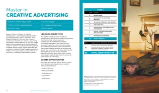 Based in Milan, the Master in Creative
Advertising is a joint initiative between NABA
and Media Design School in Auckland, New
Zealand. Students in this one-year master’s
program will develop core skills in copywriting,
storytelling, and art direction so they can create
advertising campaigns across various types of
media. In addition to a Master Diploma awarded
by Media Design School, eligible graduates will
receive an Academic Master Degree awarded by
NABA and recognized by the Italian Ministry of
Education, Universities and Research (MIUR).
Learning Objectives
This master’s program kicks off with an
introduction to the basics of creative advertising,
from terminology to best practices.
Students will be challenged by leading
companies and experts with creative briefs
designed to give them a working knowledge
of advertising processes. In the last month of
the course, students will work on a major final
project that culminates in an open presentation
delivered to all course faculty members,
external examiners, and invited critics. During
the program, students also have the chance to
participate in an internship.
Career opportunities
Graduates will have the skills to launch careers
in art direction and copywriting in creative
agencies worldwide as:
›› Creative directors
›› Brand consultants
›› Media planners
›› Copywriters
›› Art directors
Master in
creative advertising
advisory leader: Angelo Colella
course leader: Alessandro Baici
DURATION: 1 year
LANGUAGE: English
TITLE: Academic Master Level I
CREDITS: 60 CFA
CFA Additional training activities
26
Erasmus, Cross-disciplinary seminars,
conferences, extra-curricular projects,
internship, academic internship, work
experience, Thesis, Portfolio
60 TOTal CREDITS Master
Year I
CFA Course
2 ADVERTISING
2
SOCIOLOGY OF CULTURAL
PROCESS
2 TECHNICAL DRAWING AND DESIGN
7 ART DIRECTION
7
AUDIOVISUAL DOCUMENTATION
TECHNIQUES
7
DIGITAL TECHNOLOGIES AND
APPLICATIONS
7 INTEGRATED NEW MEDIA
34 TOTal CREDITs
AF Attività Formative - Educational activities: types of courses according
to the MIUR (Ministry of Education University and Research) classification
CFA Crediti Formativi Accademici - Credits: equivalent to University
Credits (Crediti Formativi Universitari CFU)
B Basic Course (di Base)
C Program Specific Course (Caratterizzanti)
A Program Related Course (Affini)
Communication and Graphic Design10 11
 