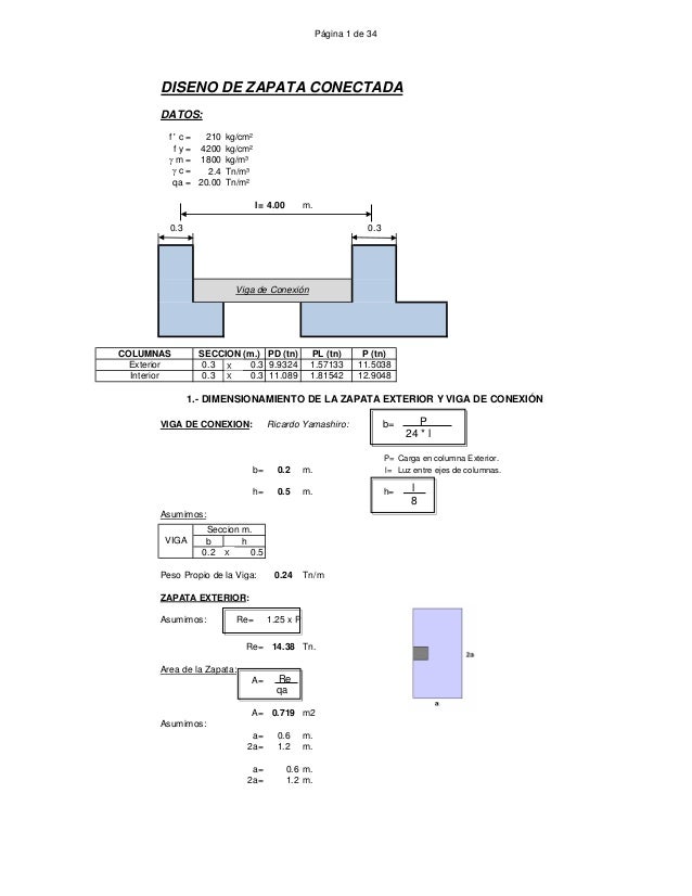 Página 1 de 34
DATOS:
f ' c = 210 kg/cm²
f y = 4200 kg/cm²
g m = 1800 kg/m³
g c = 2.4 Tn/m³
qa = 20.00 Tn/m²
l= 4.00 m.
0....