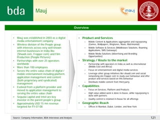 Mauj


                                                           Overview


•   Mauj was established in 2003 as a digital                • Product and Services
    media entertainment company                                  –   Mobile Content & Applications aggregation and repurposing
•   Wireless division of the People group                            (Games, Wallpapers, Ringtones, News, Matrimonial)
    with interests across very well known                       –    Mobile Software & Services (Middleware Solutions, Roaming
    internet businesses in India like                                Applications, SMS Gateways)
    (Shaadi.com, Fropper.com) and Film                          –    Mobile Media Solutions (Advertising and Branding
    Production (People Pictures)                                     Opportunities)

•   Partnerships with over 25 operators                      • Strategy / Route to the market
    worldwide                                                    –   Partnership with operators in India as well as international
•   More than 100 employees                                          (Middle East and Africa)
•   Serves the entire value chain of digital /                   –   Focus on entertainment and digital media services
    mobile entertainment including platform,                     –   Leverage other group initiatives like shaadi.com and social
                                                                     networking site fropper.com to study user behaviour and offer
    application management and content                               product and services based on this behaviour
    (both proprietary and syndicated)
                                                                 –   Distribute mobile content from third party
    management
•   Evolved from a platform provider and                     • Capabilities
    moved to application management to                           –   Focus on Services, Platform and Products
    serving the entire value chain                               –   High value added work is done in-house, while repurposing is
                                                                     done with partners
•   Sequoia capital and Intel are key
                                                                 –   Quality control is retained in-house for all offerings
    investor in the parent people’s group
•   Approximately USD 15 mn revenue                          • Geographic Reach
    targeted for FY 07-08                                        –   Offices in Mumbai, Dubai, London, and New York




Source: Company Information, BDA Interviews and Analysis                                                                             121
 