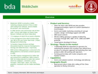 Mobile2win


                                                           Overview


•   Mobile2win (M2W) is primarily a mobile                   • Product and Services
    marketing company started in China in 2002                   –   Owns the short code 58558 and also provides
    with funding from Softbank, Siemens Mobile
                                                                     management/analysis reports of content download or
    Acceleration, and contests2win
                                                                     trend analysis
•   In 2006 Siemens and contests2win sold off their              –   End to end mobile marketing consisting of concept
    stake. Current stake holders are Nexus India,                    creation, design, technology support and CRM
    Norwest, Softbank and Silicon Valley Bank
                                                                 –   SMS based contests
•   112 employees of which 90 are based in Mumbai                –   Wireless billing gateway is capable of delivering
•   A new management team which includes Rajat                       messages through SMS, WAP, HTTP, CIMD and SMPP
    Jain, MD & CEO and Tushar Shah Head - Product                    protocols
    Management & Marketing                                       –   Casual games developed in-house
•   Co-founders Gopala Krishnan and Rajiv                    • Strategy / Route to the market
    Hiranandani head the Corporate Development &                 –   Traditionally M2W has depended on operators for
    Strategy and Global Revenues, respectively
                                                                     marketing the products but recently it has shifted focus
•   M2W wireless billing gateway is connected to the                 on direct to consumer approach by marketing their own
    billing platforms of all wireless network operators              products while still working with operators
    in India                                                     –   Forming partnerships with media companies and
•   The SMS response management for Indian Idol                      handset vendors
    was outsourced to mobile2win. M2W created a              • Capabilities
    WAP site totally dedicated to Indian Idol content
                                                                 –   End to end solution (content, technology and delivery)
    which has wallpapers, animations, picture
    messages, colour logos, videos, true tones,              • Geographic Reach
    polytones, monotones and the Indian Idol Mobile              –   Now present only in India after selling off the China
    Game                                                             operation to Disney Interactive



Source: Company Information, BDA Interviews and Analysis                                                                        123
 