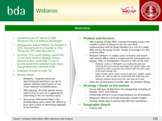 Webaroo


                                                           Overview


•   Founded by two IIT alumni in 2004,                       • Product and Services
    Webaroo’s HQ is in Bellevue, Washington                     –   SMS Gupshup (Group SMS): A group messaging service that
•   Management: Rakesh Mathur (Co-Founder &                         enables creation of groups of any size and allow
    CEO), Beerud Sheth (Co-Founder & CTO),                          communication with all group members at a cost of a single
    Chirag Jain (VP, India Operations)                              SMS sent by the group creator. Groups & messages are also
                                                                    archived online
•   Investors: First round funding, raised USD                  –   Webaroo Software: It enables users to browse and search
    1.5 mn from Hummer Winblad Venture                              web content offline which is compressed for consumption on
    Partners & then raised USD 7.5 mn in                            laptops, PDAs or smartphones. Presents a “slice of the web”
    second round from Cambrian Fund, Lloyd                            •   Webaroo creates a “Webpack” by crawling the web and
    George Asian Plus Fund and HTSG                                       selecting the most relevant web pages for specific topics and
                                                                          compresses them to present the content with the most value
•   Employee strength in India: 90                                        in the least storage size
•   Revenue Model                                                     •   Packs include sports, news, movie & pop stars, health, recipes,
                                                                          photos etc. and can also be customized with additional sites
     –   Webpacks: Targeted contextual                                •   Software updates itself every time user logs on to web
         advertising and advertisers can opt to                 –   Have also started launch of mobile apps, like Reliance Money
         sponsor existing content packs or can
         create separate co-branded packs                    • Strategy / Route to the market
                                                                –   Tie-up with over 20 advertisers for smsgupshup, including Jet
     –   SMS Gupshup: An India-specific service
                                                                    Airways, ICICI, and Citibank
         which is free to users & is supported by
         advertising in the sms footnote space                  –   Partnership with Acer to pre-install Webaroo on all notebooks
                                                                –   Webpacks offered in 8 foreign languages, besides English
     –   Also pursue OEM partnerships in the
         desktop/laptop space where the OEM (e.g.               –   Develop mobile apps in partnership with more enterprises
         Acer) gets a share of advertising displayed         • Geographic Reach
         on its machines                                        –   India & USA



Source: Company Information, BDA Interviews and Analysis                                                                                    135
 