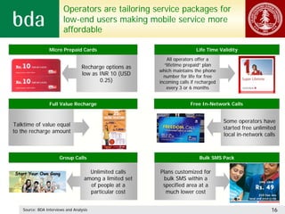 Operators are tailoring service packages for
                         low-end users making mobile service more
                         affordable

                  Micro Prepaid Cards                                       Life Time Validity
                                                               All operators offer a
                                   Recharge options as       “lifetime prepaid” plan
                                                           which maintains the phone
                                   low as INR 10 (USD        number for life for free
                                          0.25)            incoming calls if recharged
                                                              every 3 or 6 months


                  Full Value Recharge                                    Free In-Network Calls


                                                                                         Some operators have
Talktime of value equal
                                                                                         started free unlimited
to the recharge amount
                                                                                         local in-network calls



                       Group Calls                                            Bulk SMS Pack


                                       Unlimited calls     Plans customized for
                                     among a limited set    bulk SMS within a
                                       of people at a       specified area at a
                                       particular cost       much lower cost


    Source: BDA Interviews and Analysis                                                                      16
 