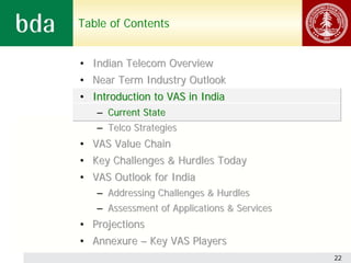 Table of Contents


• Indian Telecom Overview
• Near Term Industry Outlook
• Introduction to VAS in India
   – Current State
   – Telco Strategies
• VAS Value Chain
• Key Challenges & Hurdles Today
• VAS Outlook for India
   – Addressing Challenges & Hurdles
   – Assessment of Applications & Services
• Projections
• Annexure – Key VAS Players
                                             22
 