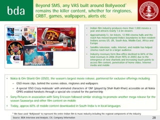 Beyond SMS, any VAS built around Bollywood*
                           remains the killer content, whether for ringtones,
                           CRBT, games, wallpapers, alerts etc

                                                                              •   Indian film industry produces more than 1,000 movies a
                                                                                  year and attracts nearly 1.6 bn viewers
                                                                              •   Approximately 5+ bn tickets, 12,900 cinema halls and the
                                                                                  reach has moved beyond India’s boundaries to Non resident
                                                                                  Indians across US, UK, South Asia, Middle-East, Africa and
                                                                                  Europe
                                                                              •   Satellite television, radio, internet, and mobile has helped
                                                                                  cinema reach out to a larger audience
                                                                              •   Industry revenues form Box-office declined to 84% of the
                                                                                  total revenues in 2006 (from 90% in 2005) due to the
                                                                                  emergence of new channels and increasing touch points to
                                                                                  access film content, penetration of home video, Internet
                                                                                  media and mobile




• Nokia & Om Shanti Om (OSO), the season’s largest movie release, partnered for exclusive offerings including
    – OSO movie clips, behind the scenes videos, ringtones and wallpapers
    – A special ‘OSO Crazy mobisode’ with animated characters of ‘OM’ (played by Shah Rukh Khan) accessible on all Nokia
      GPRS enabled handsets through a special site created for the partnership
• Sony Pictures in association with Sony Ericsson followed similar strategy to promote another mega release for the
  season Saawariya and other film content on mobile
• Today, approx 60% of mobile content downloaded in South India is in local languages

    * We have used “Bollywood” to represent the entire Indian film & music industry including the regional components of the industry
    Source: BDA Interview and Analysis, CII, Company Information                                                                                 28
 
