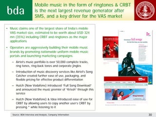 Mobile music in the form of ringtones & CRBT
                         is the next largest revenue generator after
                         SMS, and a key driver for the VAS market

• Music claims one of the largest share of India’s mobile
  VAS market size, estimated to be worth about USD 324
  mn (35%) including CRBT and ringtones as the major
  applications
• Operators are aggressively building their mobile music
  brands by promoting nationwide uniform mobile music
  portals and launching marketing campaigns
    – Airtel’s music portfolio is over 50,000 complete tracks,
      ring tones, ring-back tones and corporate jingles
    – Introduction of music discovery services like Airtel's Song
      Catcher created further ease of use, packaging, and
      flexible pricing for effective product differentiation
    – Hutch (Now Vodafone) introduced “Full Song Download”
      and announced the music premier of “Krissh” through this
      service
    – Hutch (Now Vodafone) & Idea introduced ease of use for
      CRBT by allowing users to copy another user’s CRBT by
      pressing * while listening to it

    Source: BDA Interview and Analysis, Company Information             30
 