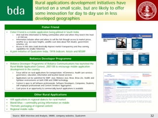 Rural applications development initiatives have
                              started on a small scale, but are likely to offer
                              some innovation for day to day use in less
                              developed geographies
                                      Fisher Friend
•   Fisher Friend is a mobile application being piloted in South India
     –   Vital real-time information to fishing communities when and where they need it the most
         – at mid-sea
     –   Information includes when and where to sell the fish through access to market prices,
         weather (e.g. sea wave heights, satellite scan data about fish shoals), government
         schemes, etc.
     –   Access to this data could drastically improve market transparency and thus earning
         capabilities for smaller fishermen
•   A joint initiative of Qualcomm India, TATA Indicom, Astute and MSSRF


                        Reliance Developer Programme
•   Reliance Developer Programme of Reliance Communications has launched the
    Rural Mobile Application Contest, 2007-08 to encourage mobile application
    development in the country
     –   Focus will be on rural applications for transportation, mCommerce, health care services,
         governance, education, information and location based services
     –   Applications can be submitted for WAP, Java, Reliance Java, Brew, Brew Lite, VoxML and
         Symbian environments on both GSM and CDMA technology
     –   Contest is open to all Software professionals, Software Developers, Companies, Students,
         self employed professionals and Content Vendors/ Aggregators
     –   Cash prizes & an opportunity to commercially launch applications is available


                             Other Rural Applications
•   IVR applications in regional dialects for rural market
•   Mandi bhav – commodity pricing information on mobile
•   Thematic packaging of regional content
•   Regional mobile radio

      Source: BDA Interview and Analysis, IAMAI, company websites, Qualcomm                         32
 