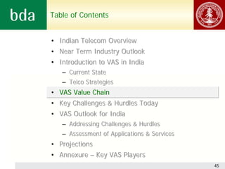 Table of Contents


• Indian Telecom Overview
• Near Term Industry Outlook
• Introduction to VAS in India
   – Current State
   – Telco Strategies
• VAS Value Chain
• Key Challenges & Hurdles Today
• VAS Outlook for India
   – Addressing Challenges & Hurdles
   – Assessment of Applications & Services
• Projections
• Annexure – Key VAS Players
                                             45
 